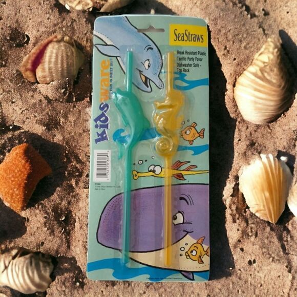 NOS Kidsware Seastraws Dolphin Seahorse Vintage 1992 Reusable Yellow Green - Picture 1 of 11